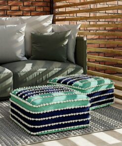 Simpli Home - Garbo Outdoor Square Pouf with UV Protection - Aqua, Navy and White
