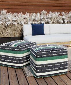 Simpli Home - Barker Square Woven Pouf - Navy,Teal and White