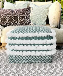 Simpli Home - Leah Square Woven Pouf - Turquoise and White