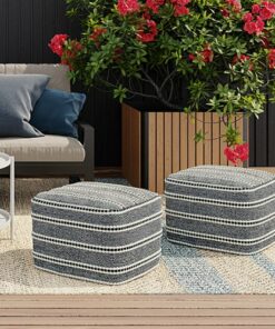Simpli Home - Corrie Square Woven Pouf - Navy and White