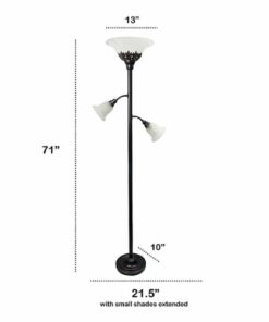 Lalia Home - Torchiere 800lm Floor Lamp with 2 Reading Lights and Scalloped Glass Shades - Restoration Bronze/White Shade