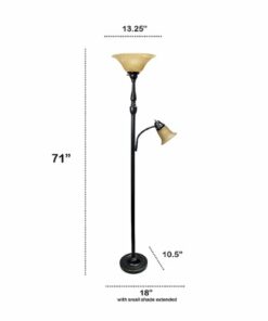 Lalia Home - Torchiere 800lm Floor Lamp with Reading Light and Marble Glass Shades - Restoration Bronze/Amber Shade