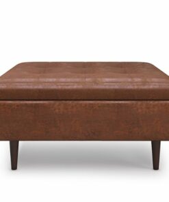 Simpli Home - Shay Mid Century Large Square Coffee Table Storage Ottoman - Distressed Saddle Brown
