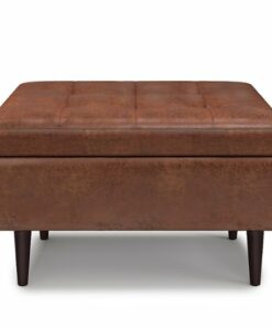 Simpli Home - Shay Mid Century Small Square Coffee Table Storage Ottoman - Distressed Saddle Brown