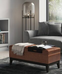Simpli Home - Oregon Storage Ottoman Bench with Tray - Distressed Saddle Brown