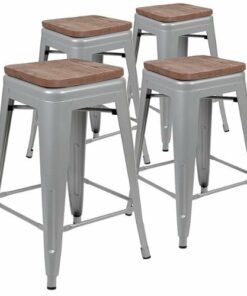 Flash Furniture - Metal Frame Bar Stool with Wood Seat (set of 4) - Silver
