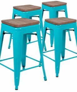 Flash Furniture - Metal Frame Bar Stool with Wood Seat (set of 4) - Teal