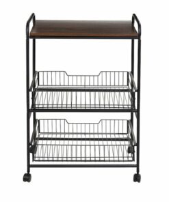 Honey-Can-Do - 3-Tier Rolling Cart with Wood Shelf and Pull-Out Baskets - Black/Brown