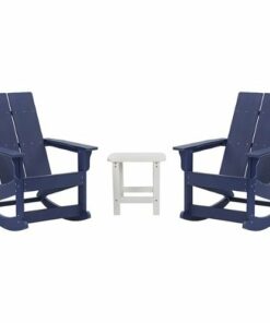 Flash Furniture - Finn 2 Navy Modern Dual Slat Poly Resin Adirondack Rocking Chairs with 1 Side Table - Navy/White