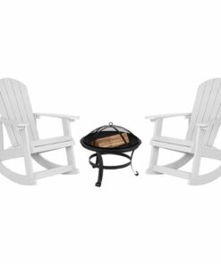 Flash Furniture - Savannah Set of 2 Poly Resin Adirondack Rocking Chairs in White & 22" Round Fire Pit - White