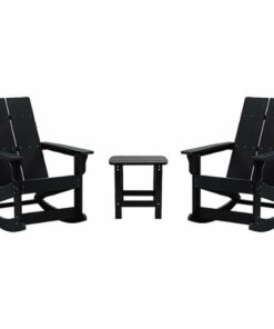 Flash Furniture - Finn 2 Modern Dual Slat Poly Resin Adirondack Rocking Chairs with 1 Side Table - Black