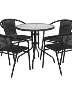 Flash Furniture - Lila Outdoor Round Contemporary Metal 5 Piece Patio Set - Clear Top/Black Rattan
