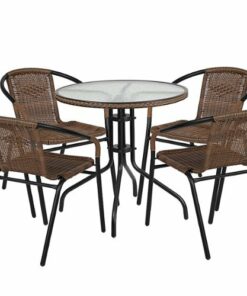 Flash Furniture - Lila Outdoor Round Contemporary Metal 5 Piece Patio Set - Clear Top/Dark Brown Rattan