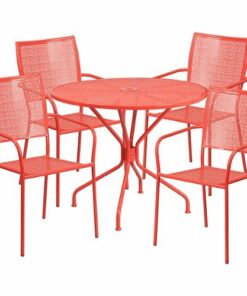 Flash Furniture - Oia Outdoor Round Contemporary Metal 5 Piece Patio Set - Coral 0