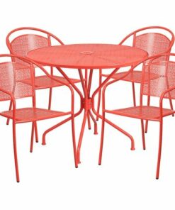 Flash Furniture - Oia Outdoor Round Contemporary Metal 5 Piece Patio Set - Coral 1