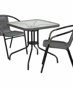 Flash Furniture - Lila Outdoor Square Contemporary Metal 3 Piece Patio Set - Clear Top/Gray Rattan