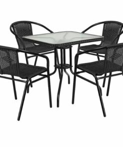 Flash Furniture - Lila Outdoor Square Contemporary Metal 5 Piece Patio Set - Clear Top/Black Rattan
