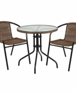 Flash Furniture - Lila Outdoor Round Contemporary Metal 3 Piece Patio Set - Clear Top/Dark Brown Rattan