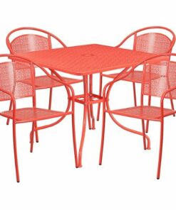 Flash Furniture - Oia Outdoor Square Contemporary Metal 5 Piece Patio Set - Coral 2