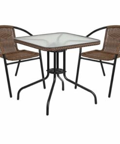 Flash Furniture - Lila Outdoor Square Contemporary Metal 3 Piece Patio Set - Clear Top/Dark Brown Rattan