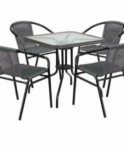 Flash Furniture - Lila Outdoor Square Contemporary Metal 5 Piece Patio Set - Clear Top/Gray Rattan