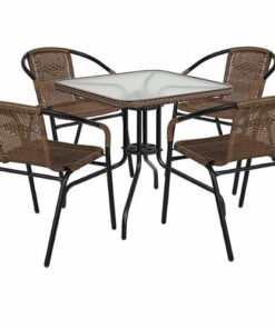 Flash Furniture - Lila Outdoor Square Contemporary Metal 5 Piece Patio Set - Clear Top/Dark Brown Rattan