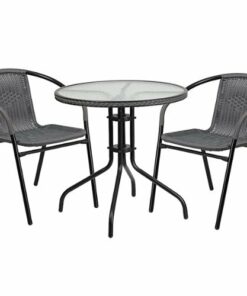 Flash Furniture - Lila Outdoor Round Contemporary Metal 3 Piece Patio Set - Clear Top/Gray Rattan