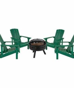 Flash Furniture - Charlestown Star and Moon Fire Pit with Mesh Cover & 4 Green Poly Resin Adirondack Chairs - Green