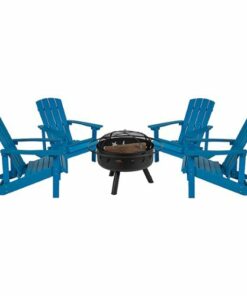 Flash Furniture - Charlestown Star and Moon Fire Pit with Mesh Cover & 4 Blue Poly Resin Adirondack Chairs - Blue