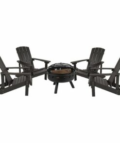 Flash Furniture - Charlestown Star & Moon Fire Pit with Mesh Cover & 4 Slate Gray Poly Resin Adirondack Chairs - Slate Gray