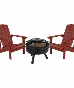 Flash Furniture - Charlestown Star and Moon Fire Pit with Mesh Cover & 2 Red Poly Resin Adirondack Chairs - Red