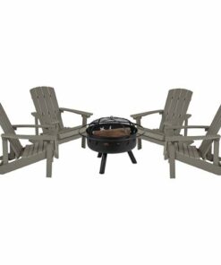 Flash Furniture - Charlestown Star and Moon Fire Pit with Mesh Cover & 4 Lt. Gray Poly Resin Adirondack Chairs - Light Gray
