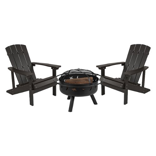 Flash Furniture - Charlestown Star & Moon Fire Pit with Mesh Cover & 2 Slate Gray Poly Resin Adirondack Chairs - Slate Gray