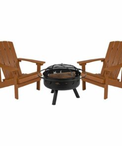 Flash Furniture - Charlestown Star and Moon Fire Pit with Mesh Cover & 2 Teak Poly Resin Adirondack Chairs - Teak