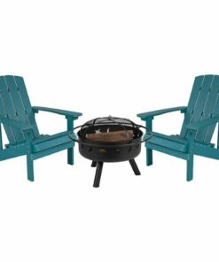 Flash Furniture - Charlestown Star and Moon Fire Pit with Mesh Cover & 2 Sea Foam Poly Resin Adirondack Chairs - Sea Foam