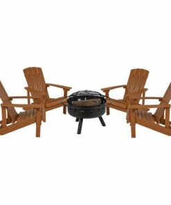 Flash Furniture - Charlestown Star and Moon Fire Pit with Mesh Cover & 4 Teak Poly Resin Adirondack Chairs - Teak