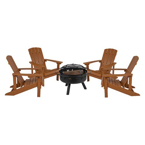 Flash Furniture - Charlestown Star and Moon Fire Pit with Mesh Cover & 4 Teak Poly Resin Adirondack Chairs - Teak