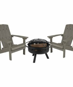 Flash Furniture - Charlestown Star and Moon Fire Pit with Mesh Cover & 2 Lt. Gray Poly Resin Adirondack Chairs - Light Gray