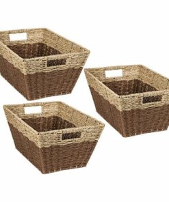 Honey-Can-Do - Set of 3 Rectangle Nesting Seagrass 2-Color Storage Baskets with Built-In Handles - Grey