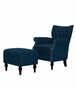 Handy Living - Minstral Rolled Arm Traditional Velvet Armchair and Ottoman - Navy Blue