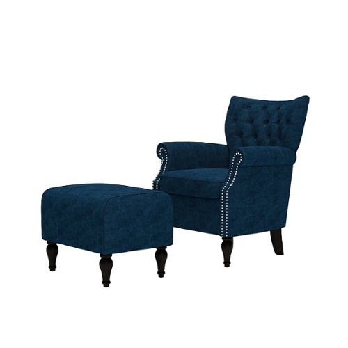 Handy Living - Minstral Rolled Arm Traditional Velvet Armchair and Ottoman - Navy Blue