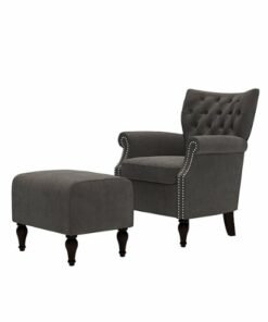 Handy Living - Minstral Rolled Arm Traditional Velvet Armchair and Ottoman - Charcoal Gray