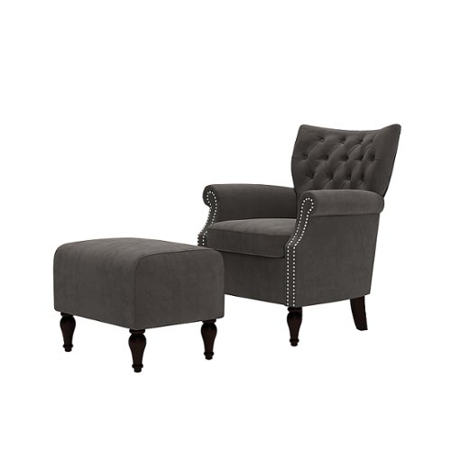 Handy Living - Minstral Rolled Arm Traditional Velvet Armchair and Ottoman - Charcoal Gray