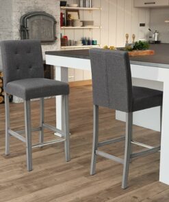 CorLiving - Leila Fabric Square Tufted Bar Height Barstool - Charcoal Brown