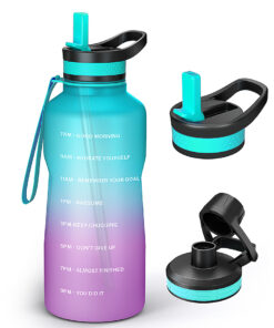 Buzio - Motivational Water Bottle with 2 Lids  64oz - Green/Purple Gradient