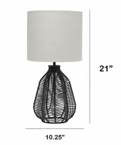 Lalia Home Table Lamp with Vintage Rattan Wicker Style Paper Rope Base - Black