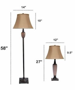Lalia Home 3 Piece Metal Lamp Set with Light Brown Empire Fabric Shades - Hammered Bronze
