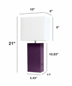 Lalia Home Lexington Leather Base Modern Table Lamp with USB - Eggplant Purple