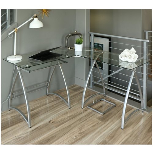 Walker Edison - Modern L-Shaped Glass Corner Computer Desk - Silver
