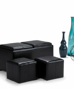 Simpli Home - Avalon Rectangular Faux Leather 5 Piece Storage Ottoman - Midnight Black